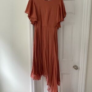 Joyfolie Terra Cotta Asymmetrical Dress with Flutter Sleeves